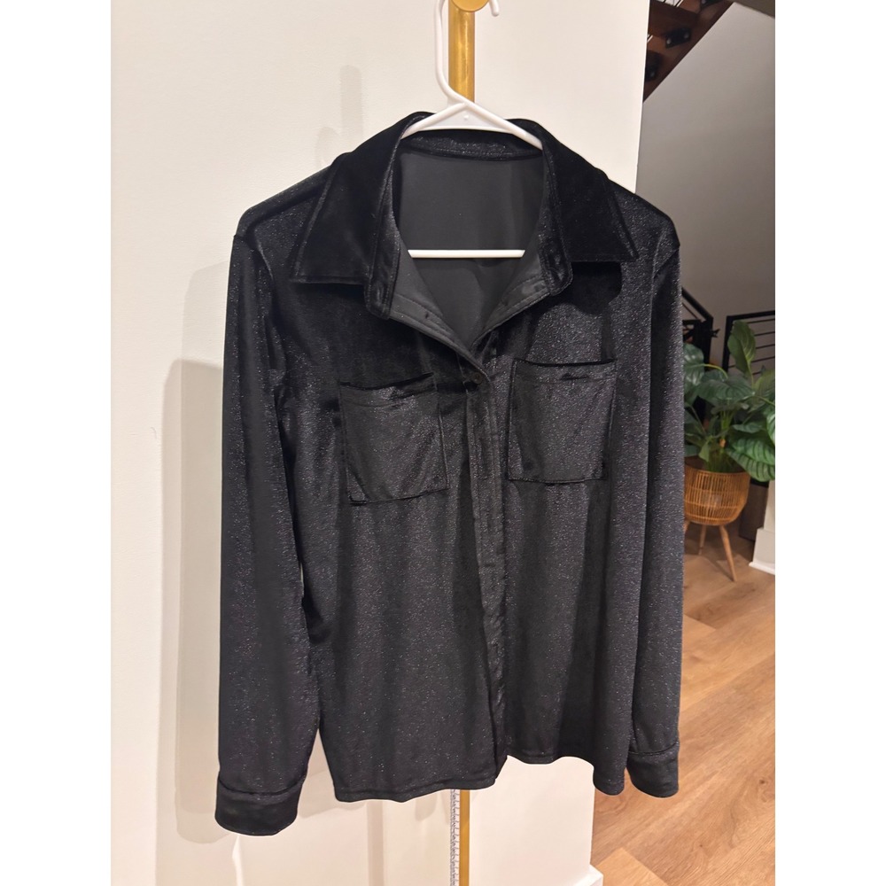 Black Shimmer Velvet Button Down Shirt Metallic Long Sleeve Sparkle Blouse Top